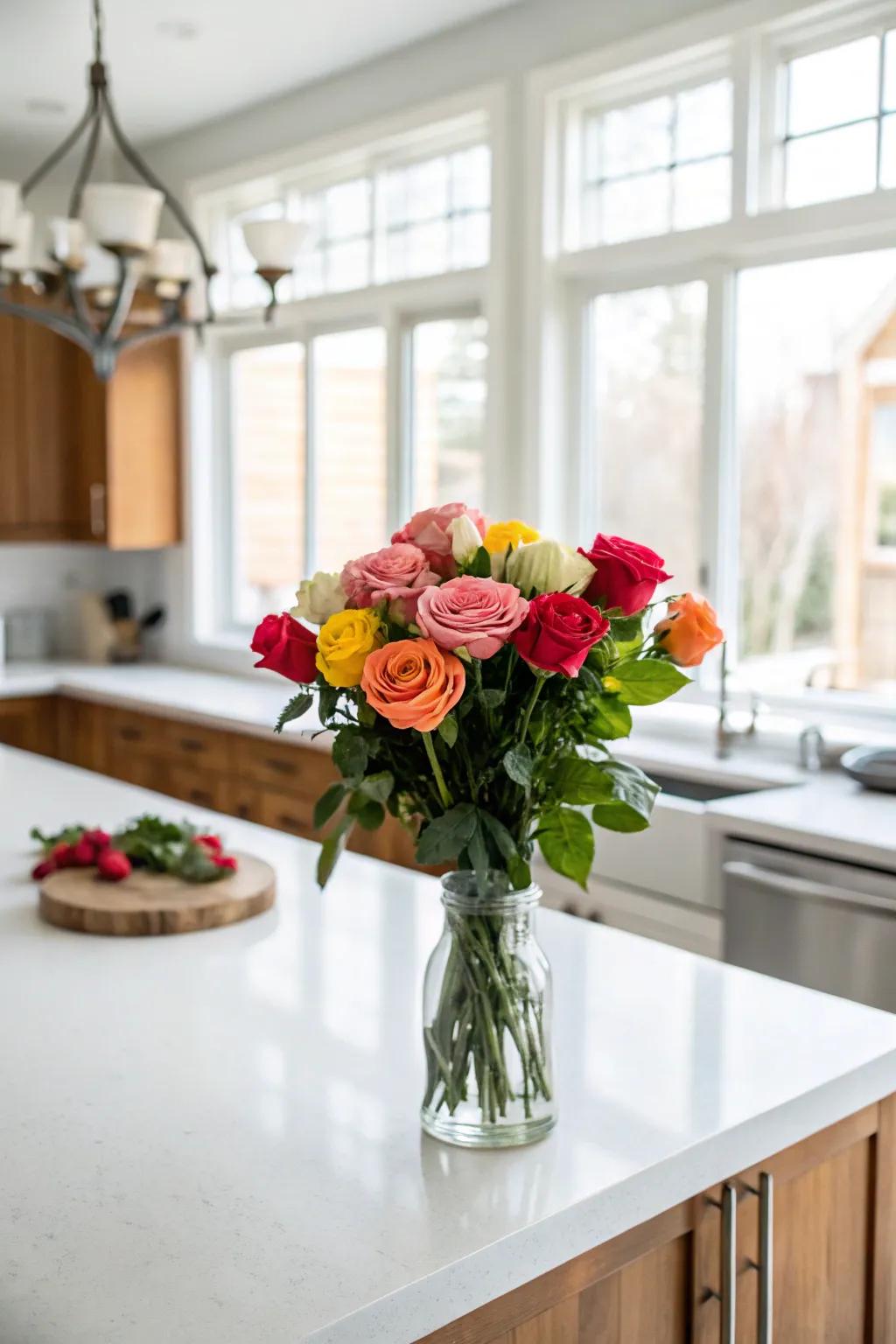 Vibrant roses in a Mason jar bring rustic charm to the kitchen.