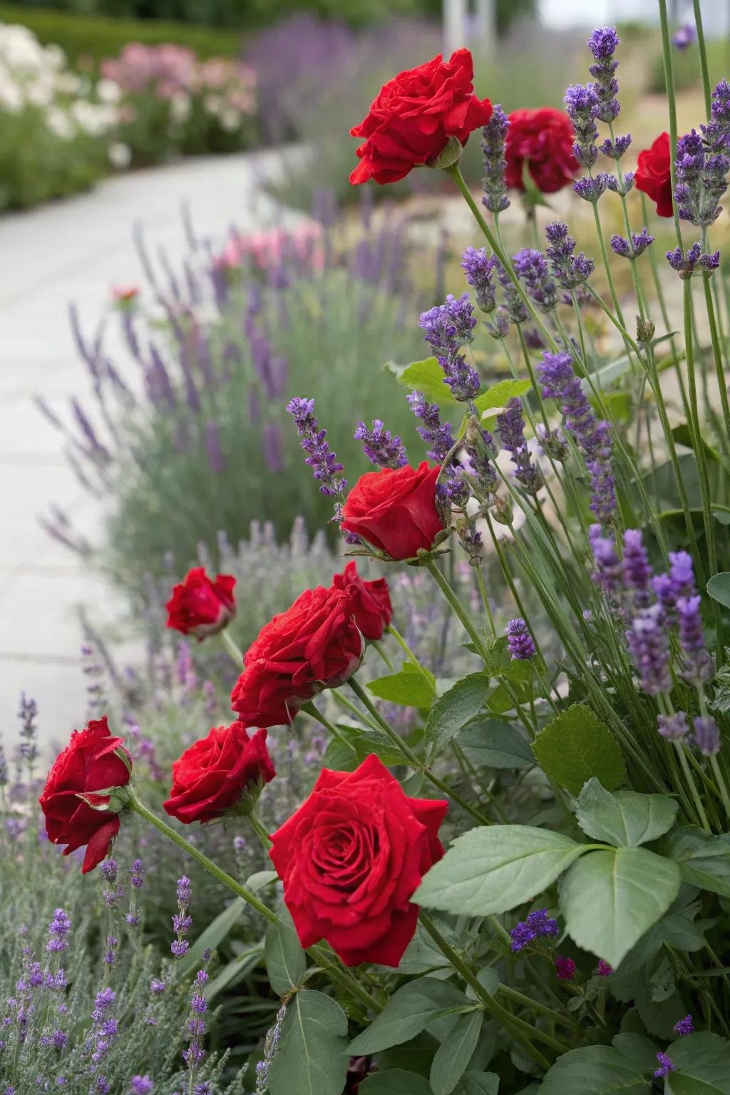 Roses and lavender, a fragrant and pest-resistant pair.