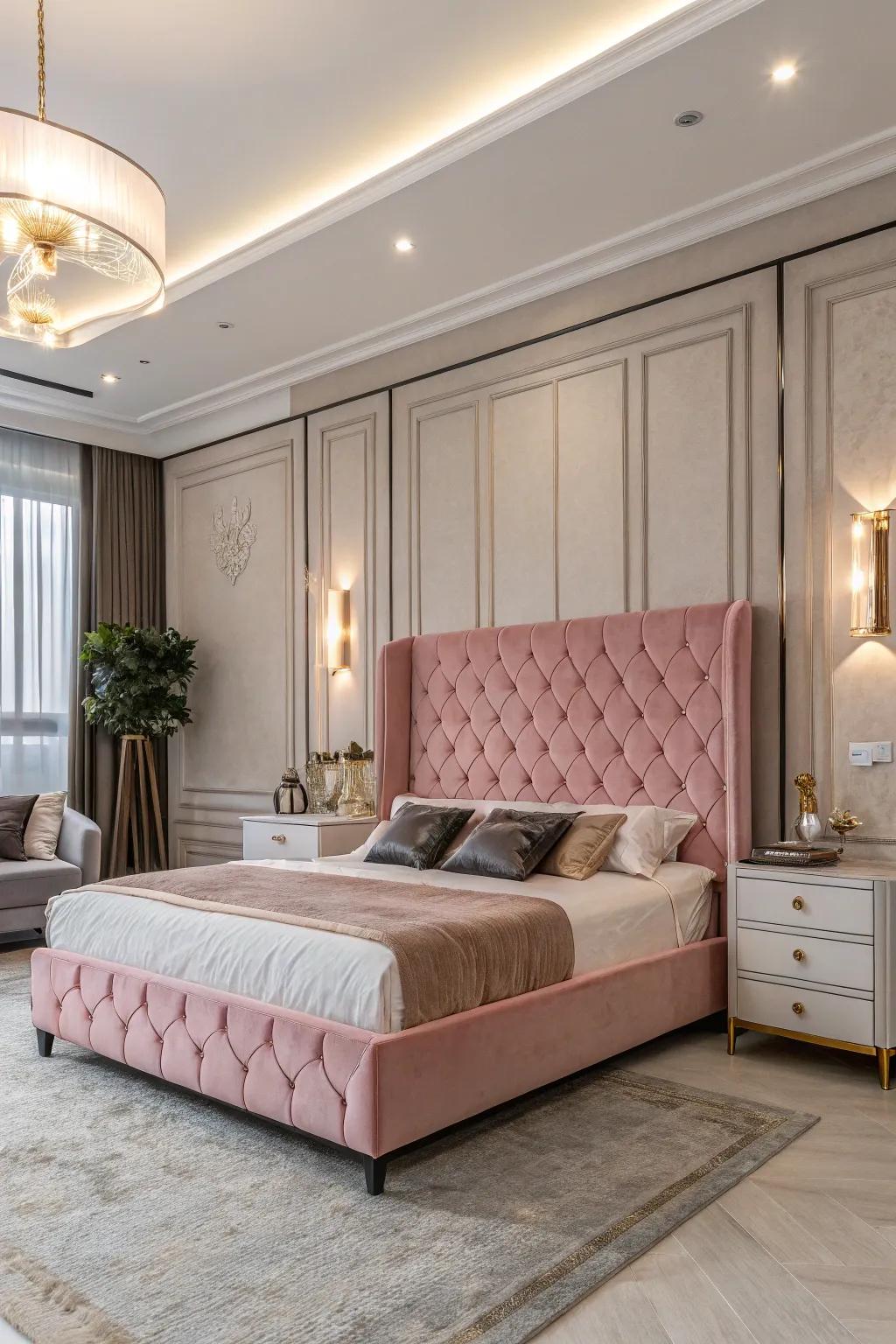 A pink velvet headboard adds a touch of luxury.