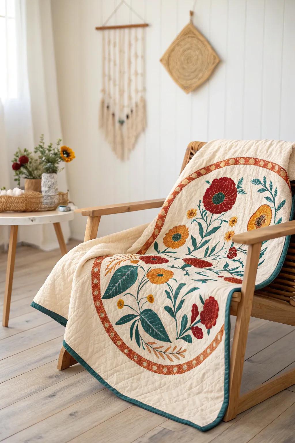 Embrace the magic of themed motifs with a striking floral round robin quilt border that ties your quilt together beautifully.