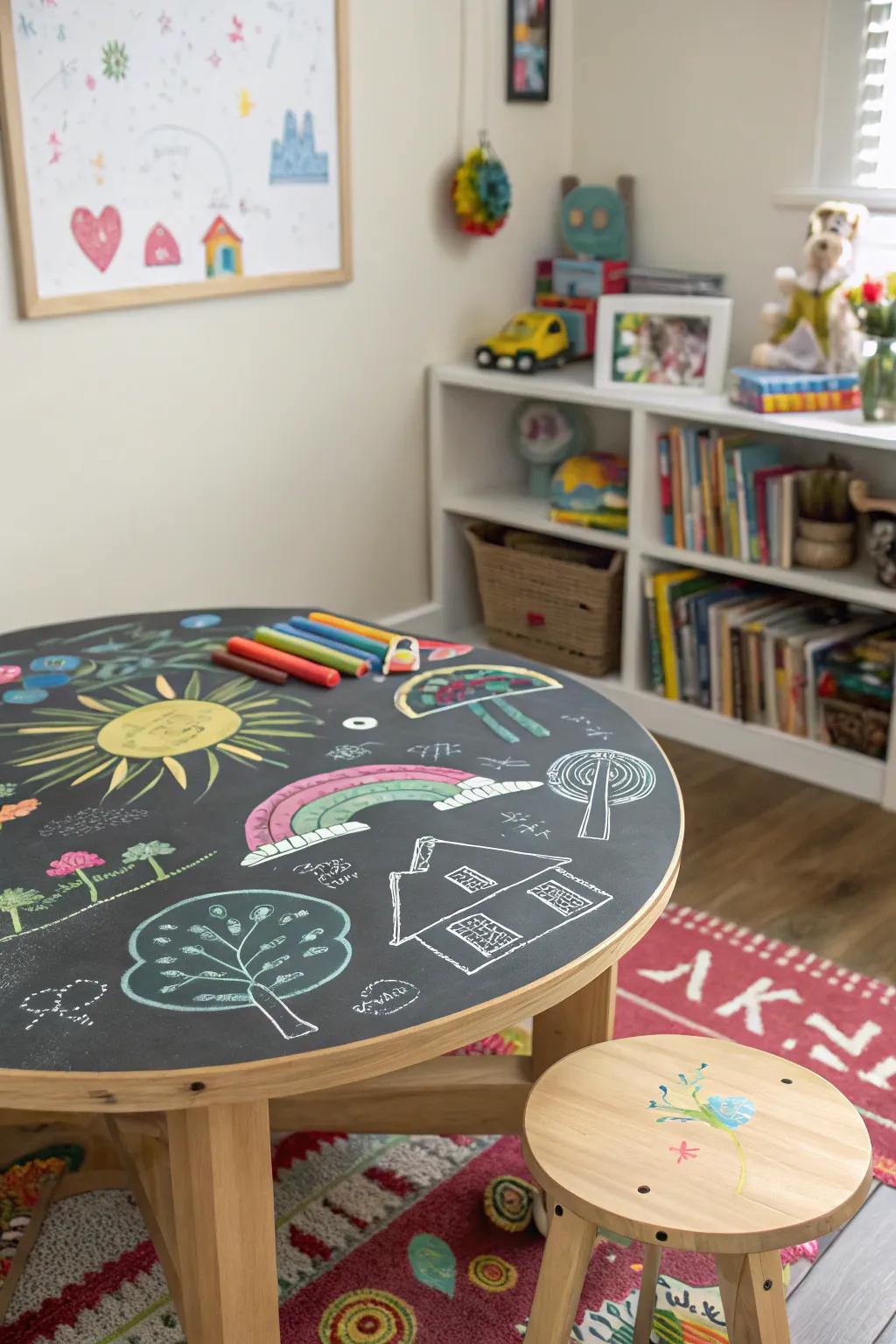 A chalkboard table invites creativity and fun for all ages.