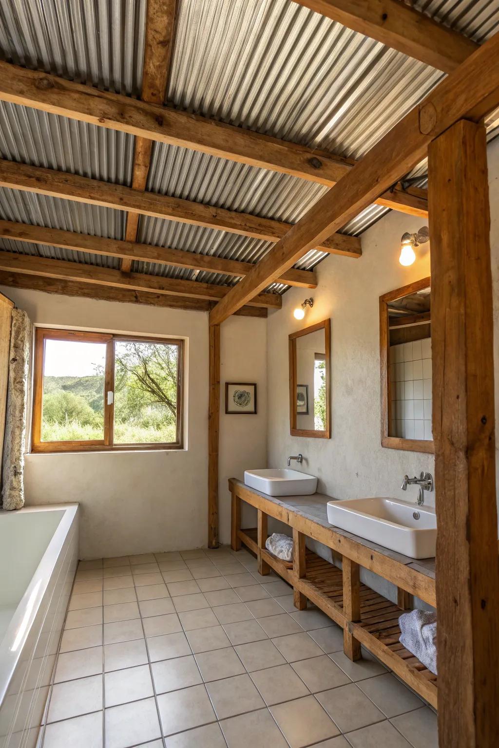 Corrugated metal sheets on the ceiling complement the wooden beams in this rustic bathroom.