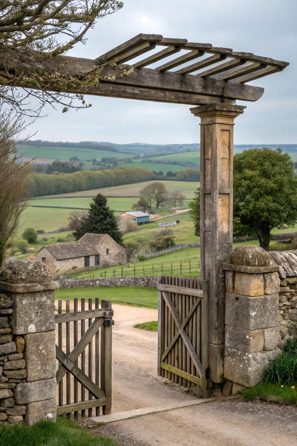 Stone and timber gates offer a robust and striking entrance.