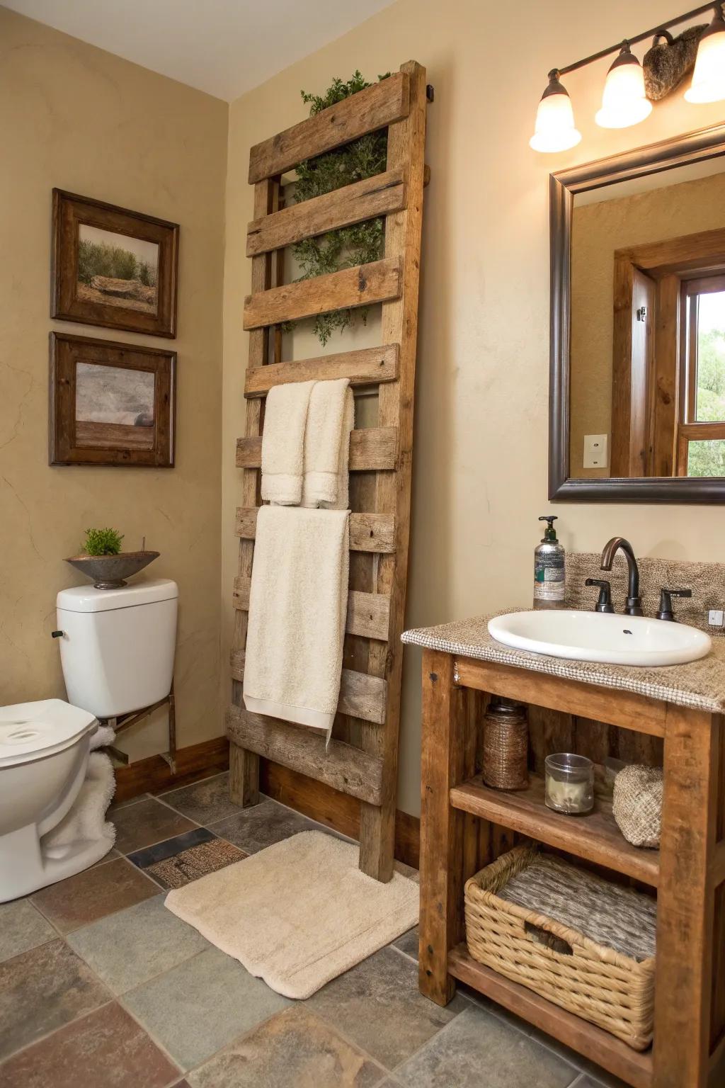 Eco-friendly and rustic: a reclaimed pallet towel rack.