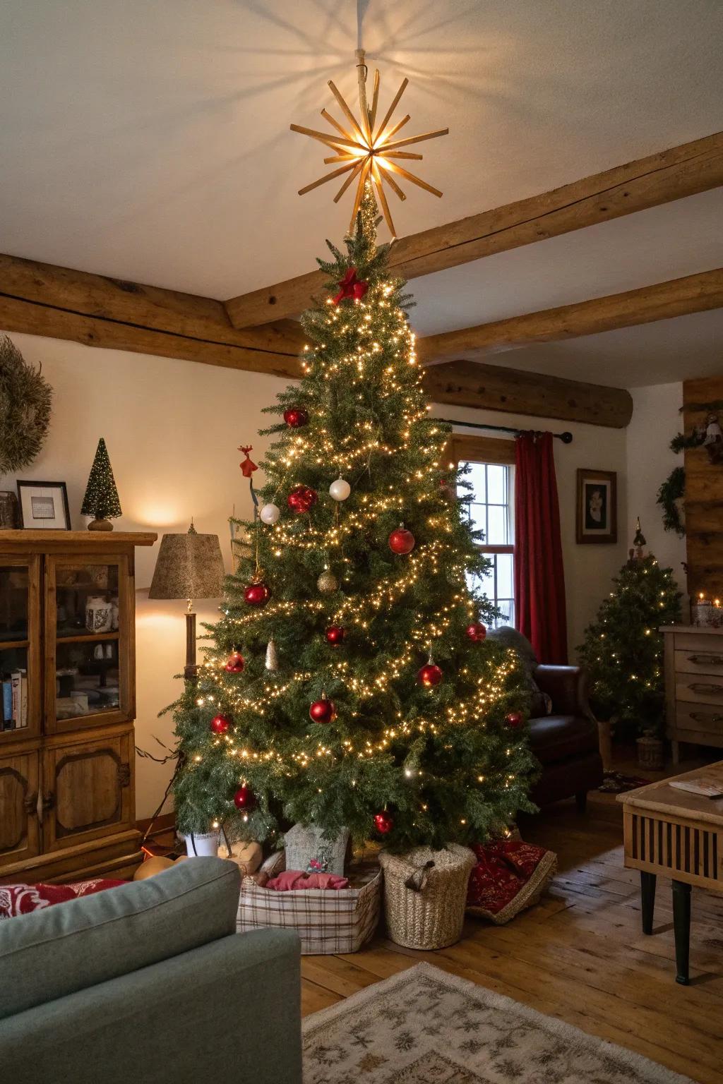 A twiggy starburst tree topper adds a striking, natural touch to the Christmas tree.