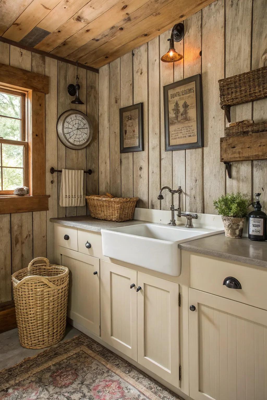 Distressed wood panel wallpaper for a farmhouse kitchen look.