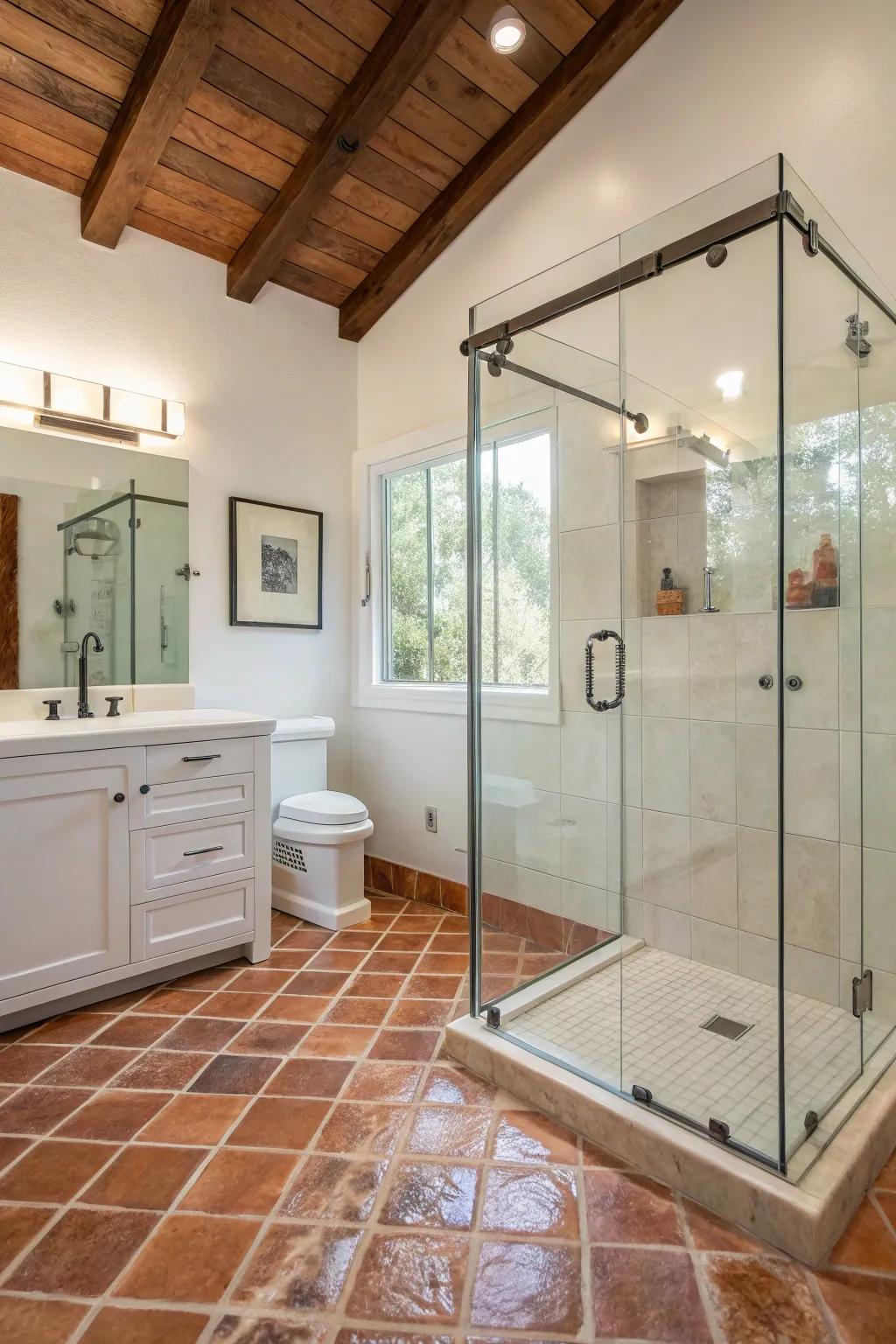 A modern bathroom featuring a frameless glass shower and warm Saltillo tile flooring.