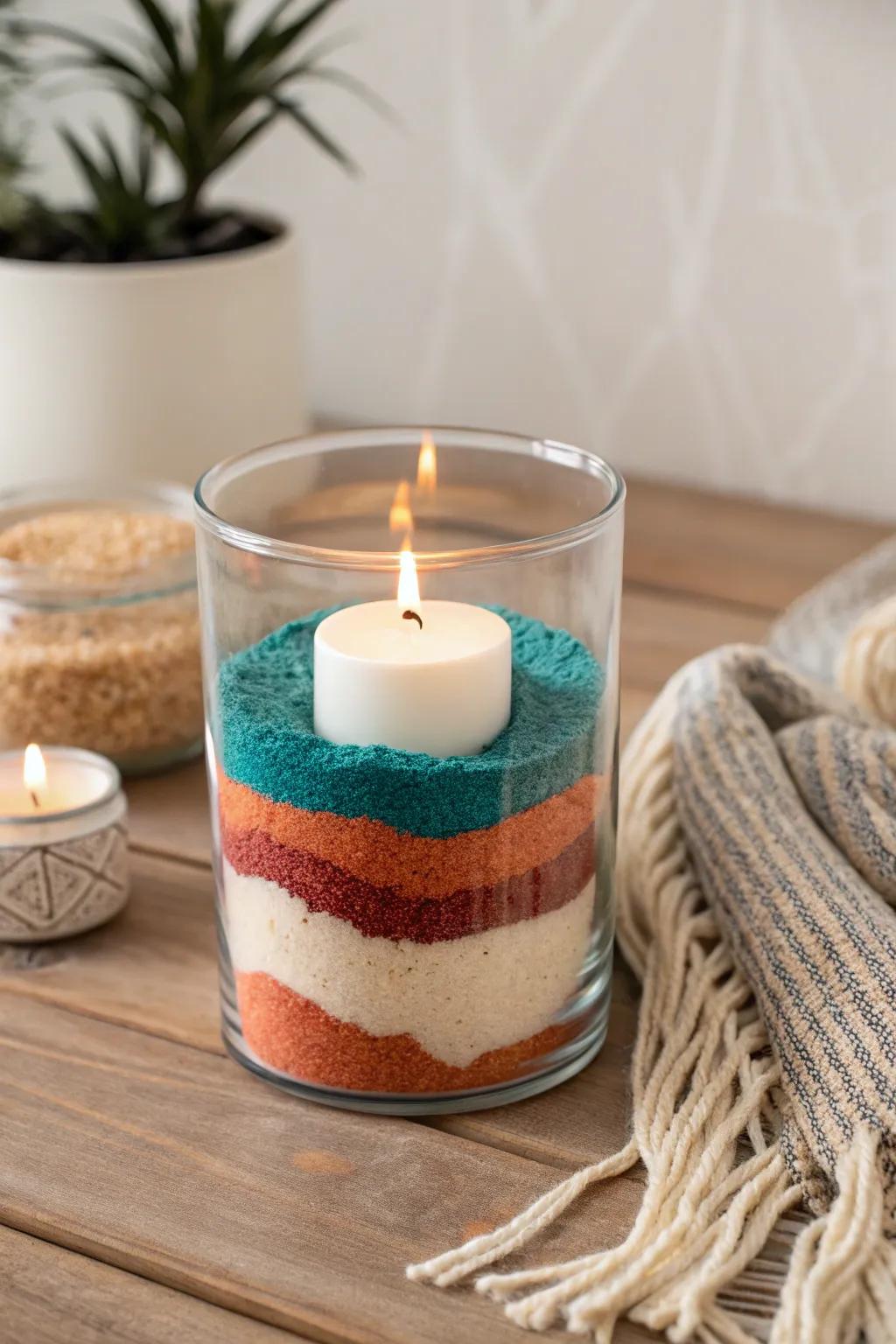 Elevate your ambiance with handcrafted sand art candles—where simplicity meets striking elegance!