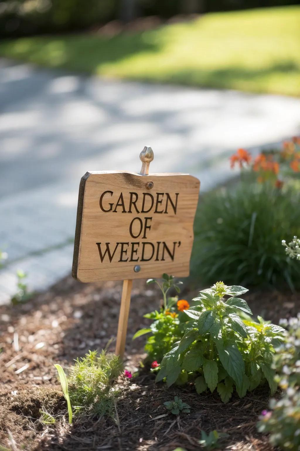 Embrace the charm of your perfectly imperfect garden with this whimsical 'Garden of Weedin'' sign.