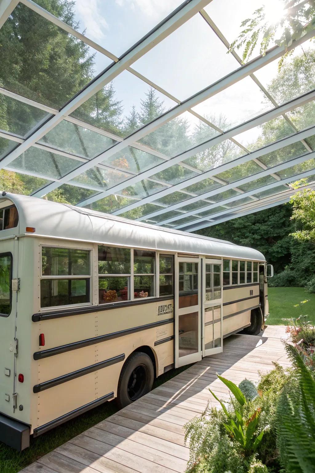 Transform your school bus into a greenhouse sanctuary with a stunning transparent roof. Let nature's light in!