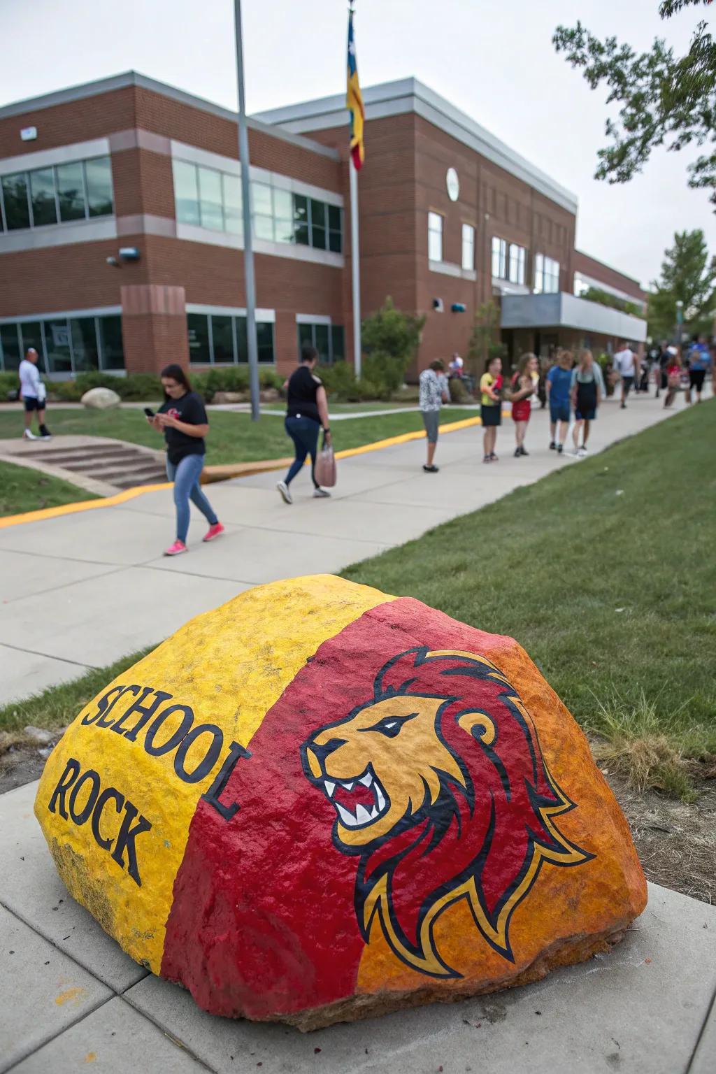 A rock painting celebrating school spirit with bold colors and mascot imagery.