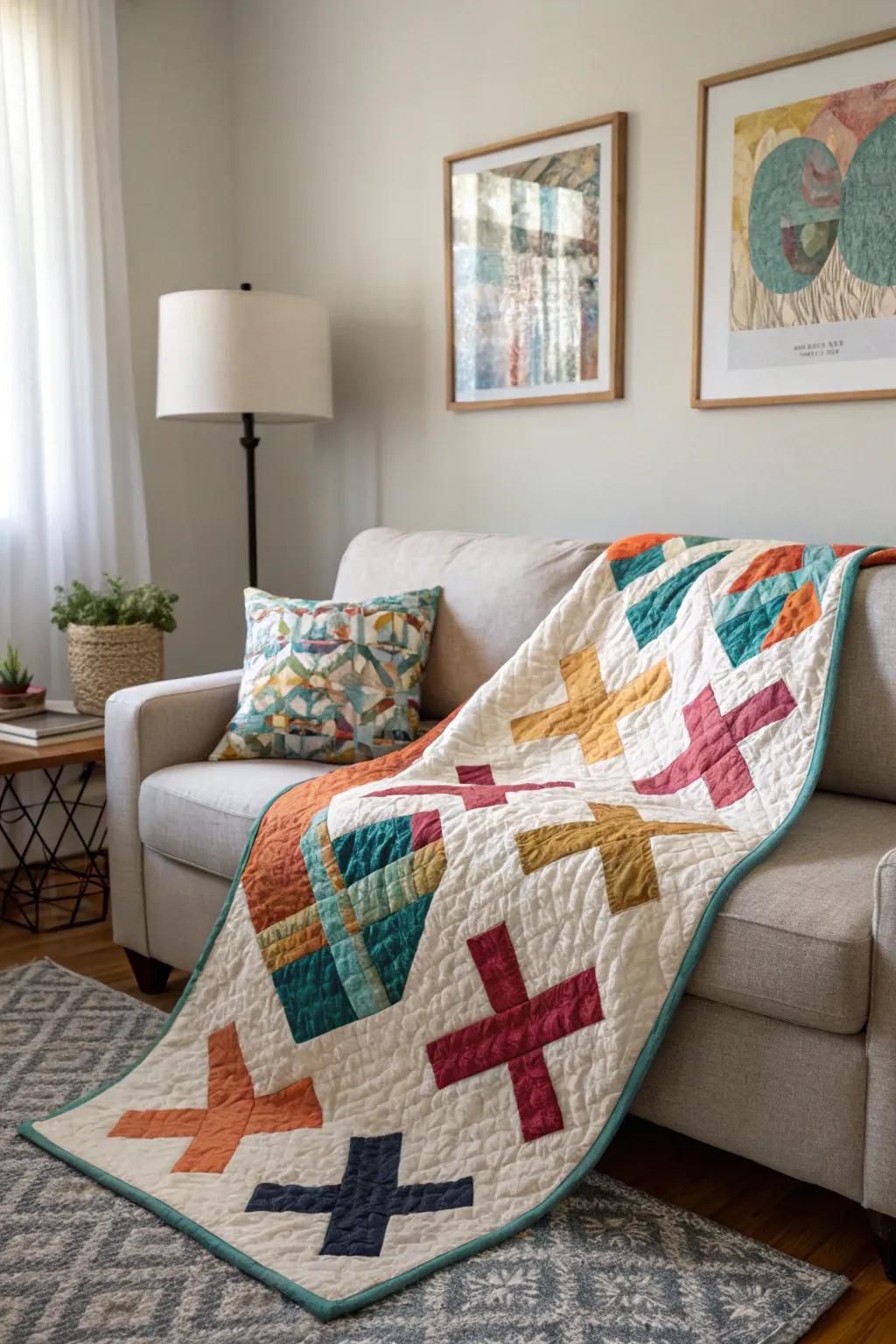 Improv Cross Quilt: Modern flair with bold scraps.