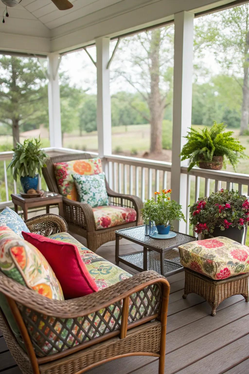 Rattan furniture complements the natural ambiance of a screen porch.