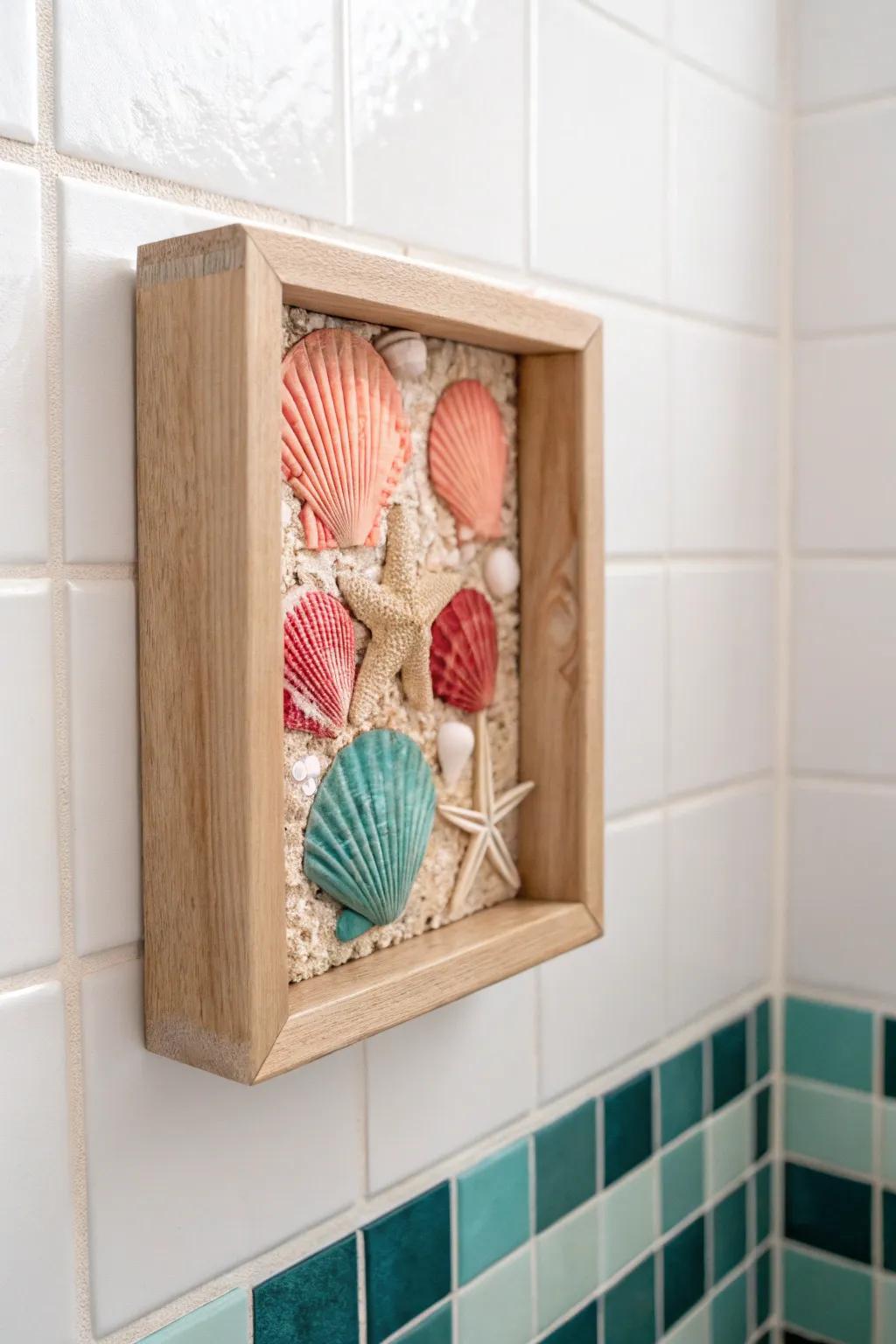 Bring the beach to your bathroom with this stunning seashell wall art, where simplicity meets coastal elegance.