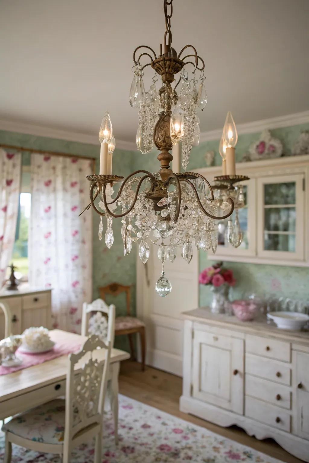 A vintage chandelier adds a romantic touch to a shabby chic dining room.