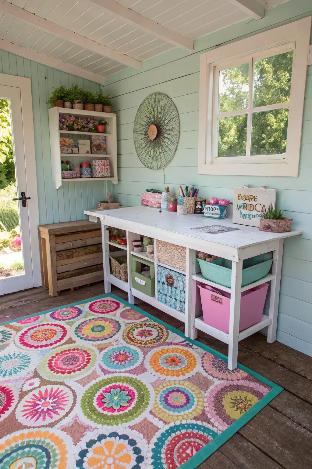 A vibrant rug adds personality and warmth to a she shed craft room.