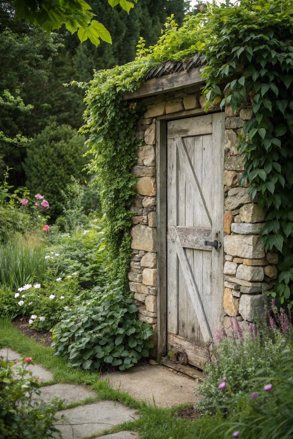 Natural stone accents add timeless elegance to this shed door.