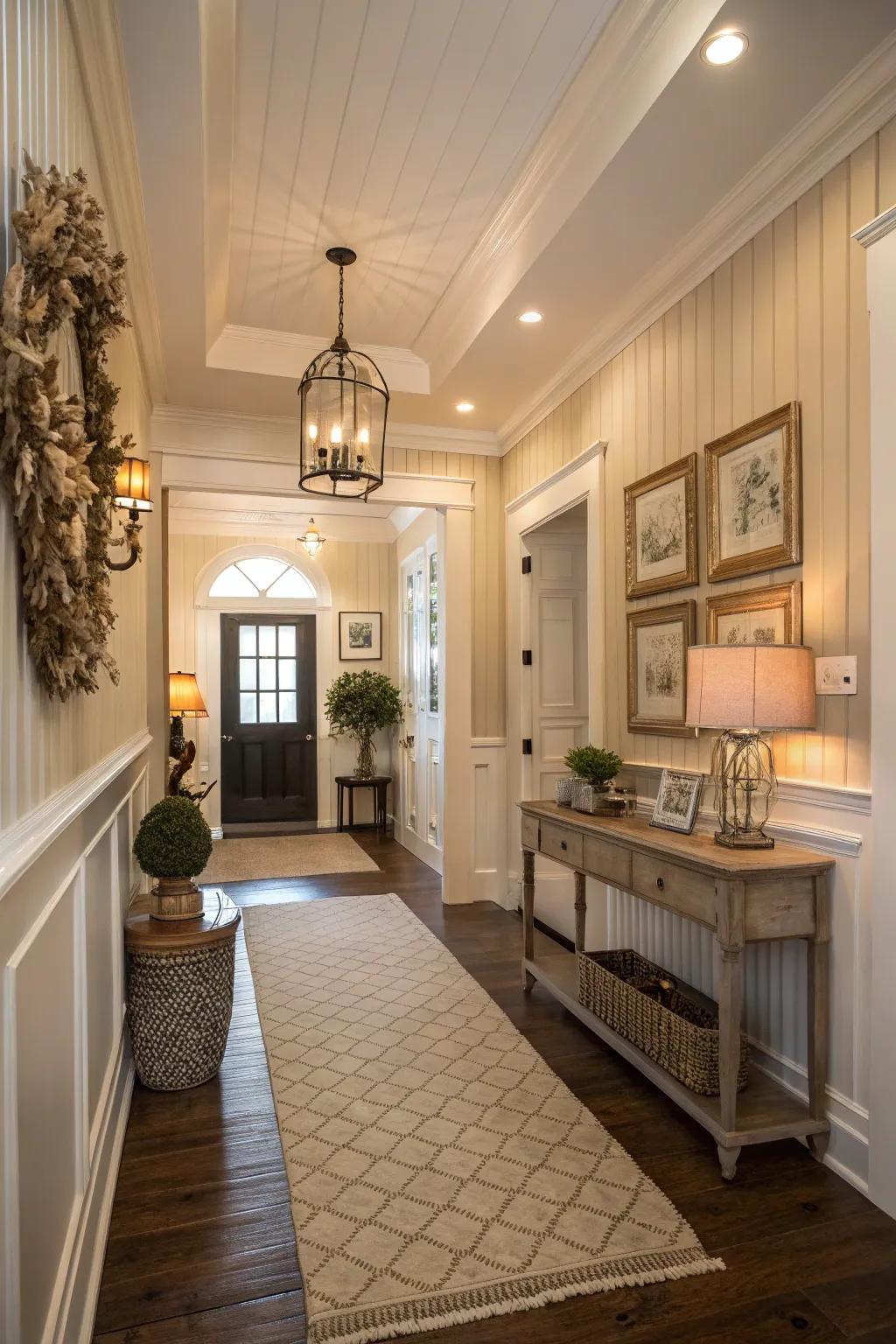 An elegant entryway with shiplap wainscoting that makes a lasting impression.