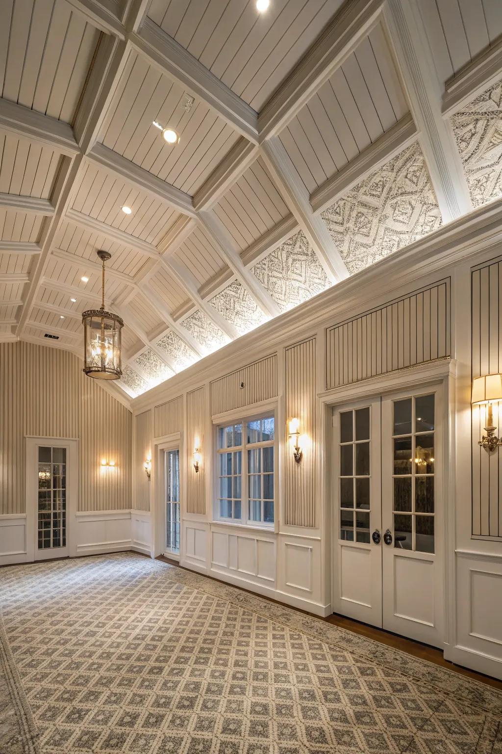 A room featuring vertical shiplap walls that enhance the ceiling height.