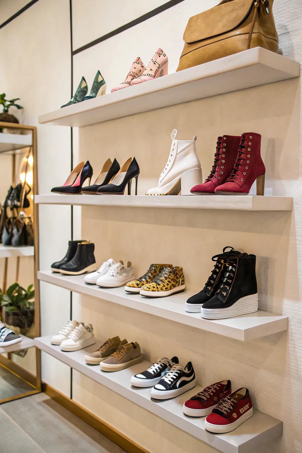 Floating shelves turn your shoe collection into a visual masterpiece.