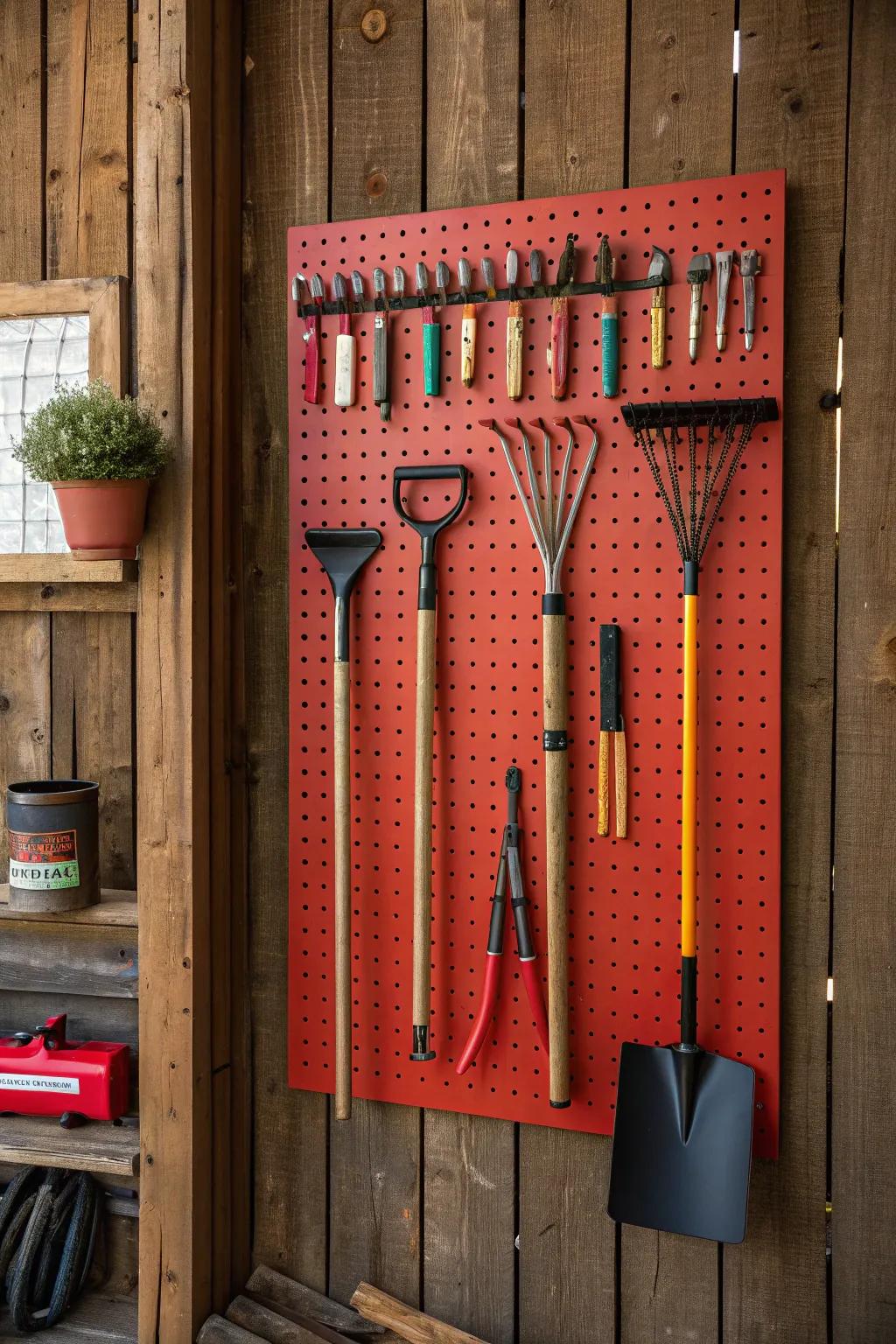 Transform your garden tool storage into a masterpiece with a vibrant pegboard display.