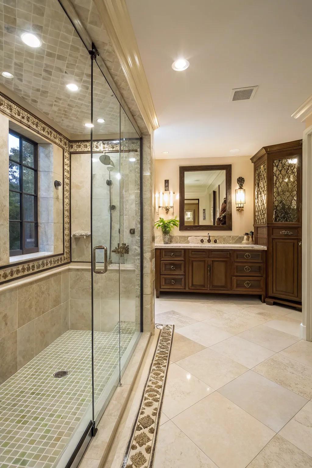 Glass tiles add a luminous and elegant touch to shower borders.