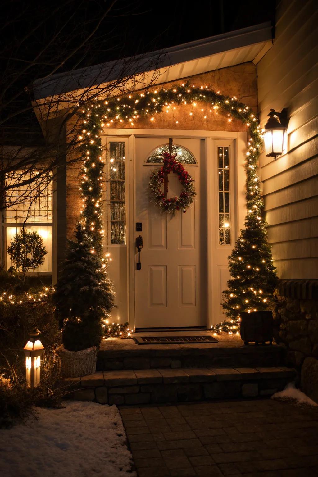 Twinkling lights creating a warm and magical entrance.