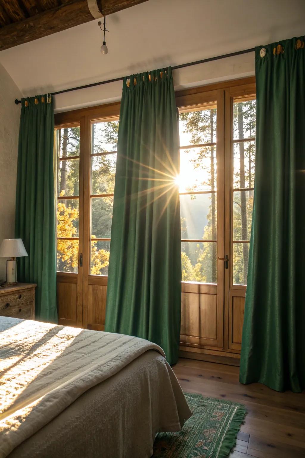 Forest green curtains provide a rich contrast to natural light.