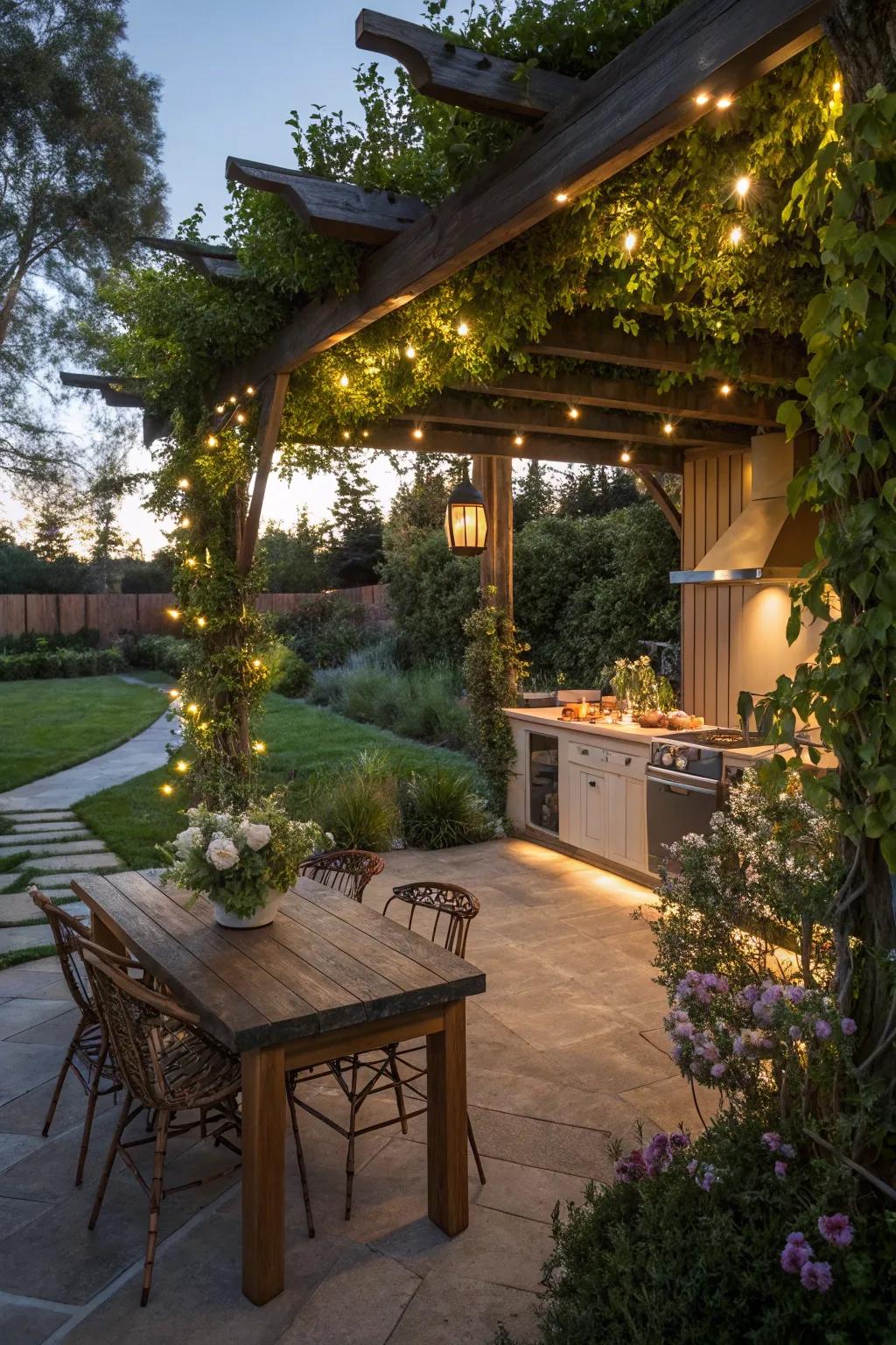 A pergola that enhances the outdoor kitchen experience.