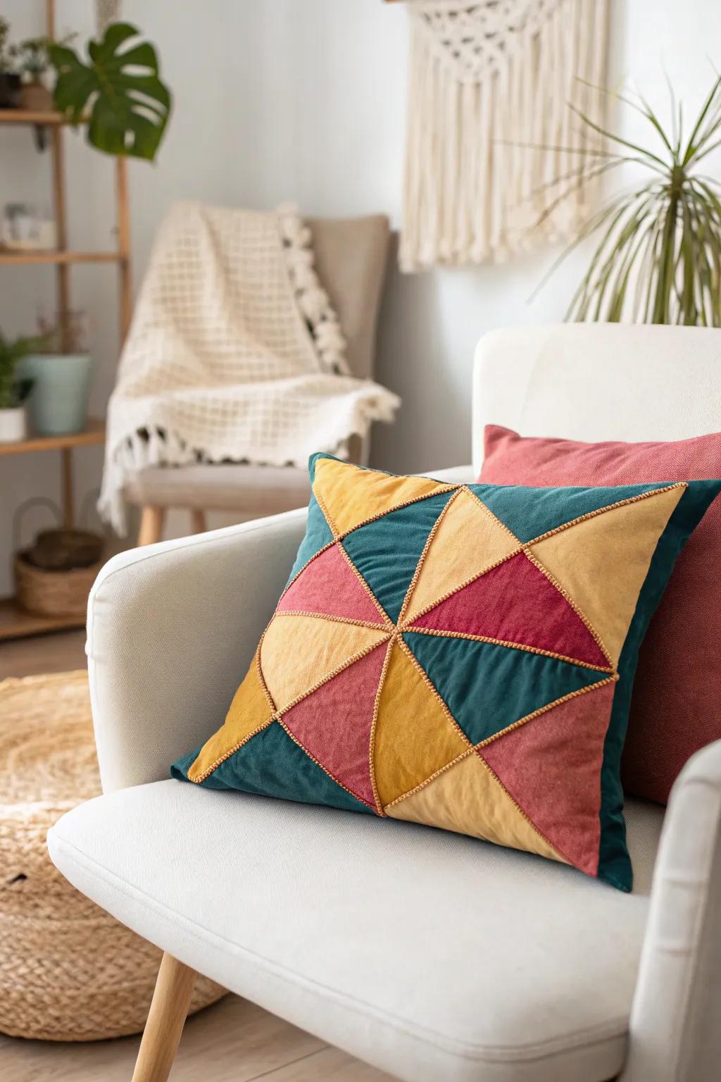 Add a burst of color to your space with this vibrant patchwork cushion, where minimalist design meets bold expression.