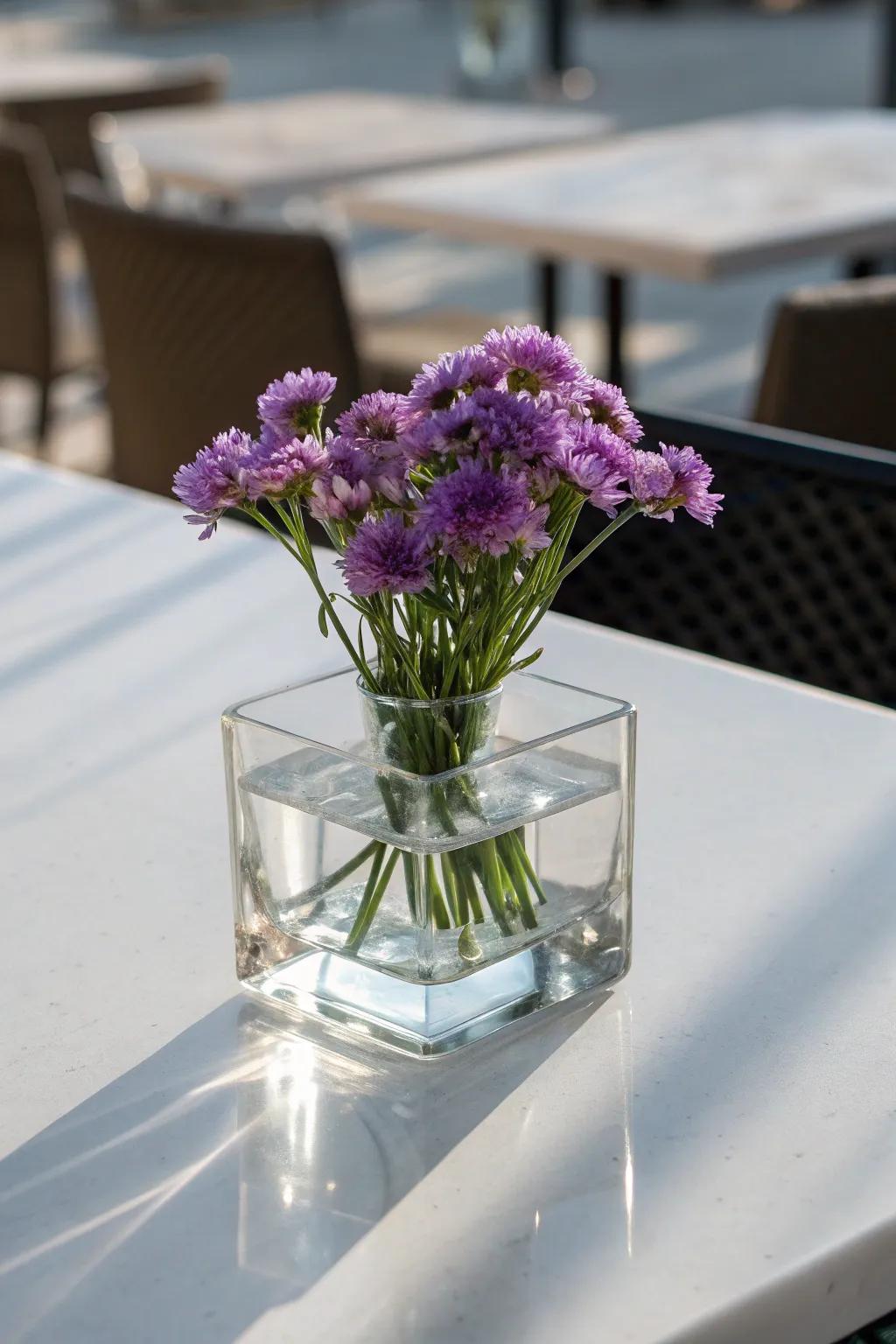 A modern square vase with purple flowers for a chic look.