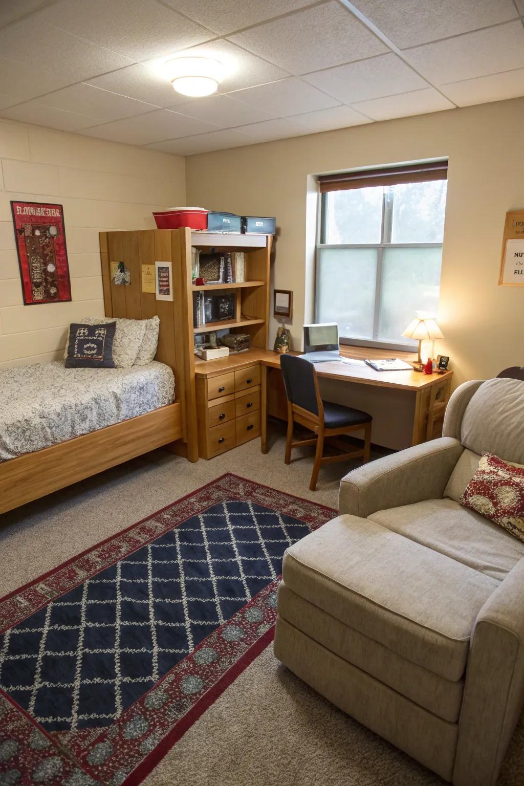 A soft rug creates a cozy nook perfect for relaxing or studying.