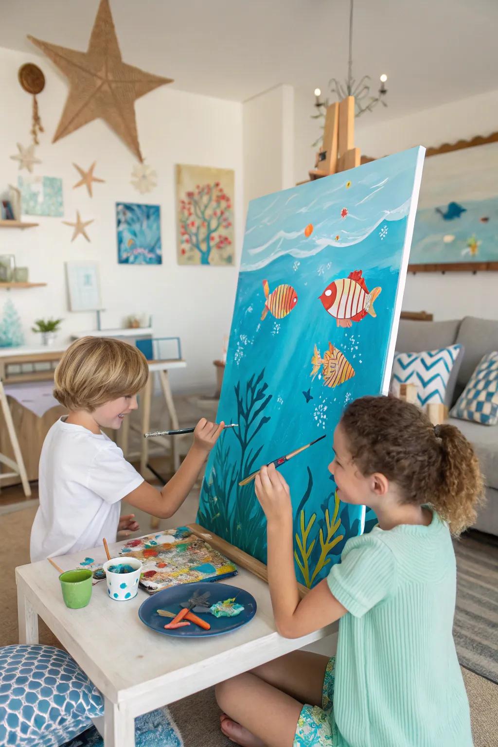 Children creating an underwater adventure on canvas