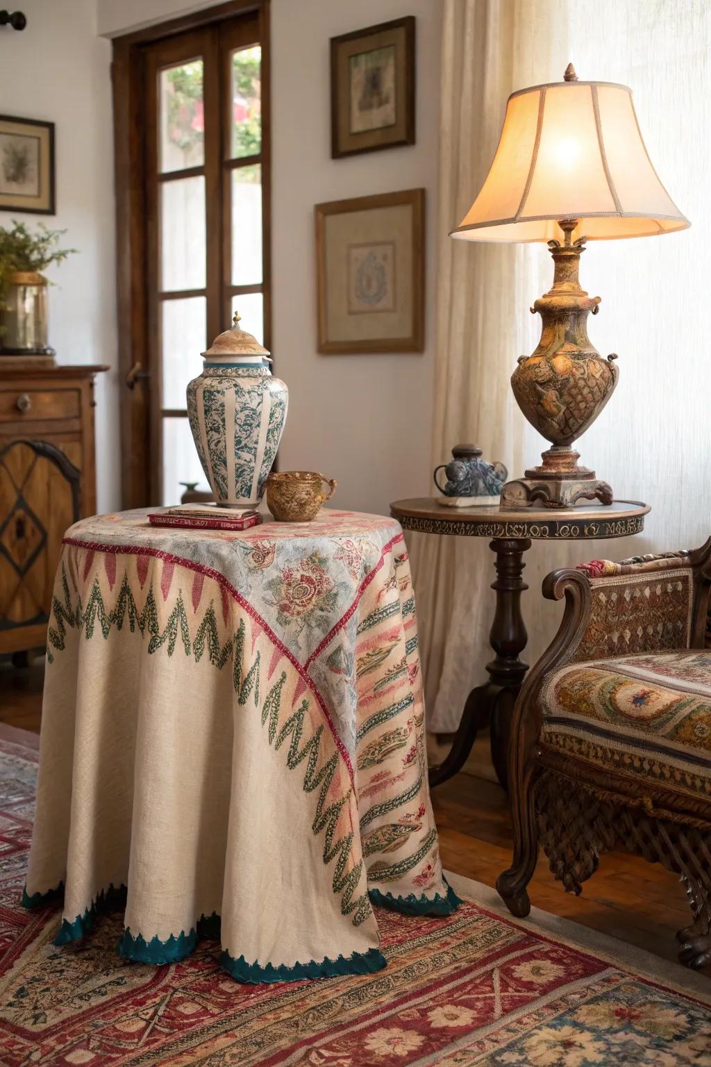 A side table adorned with ikat fabric, infusing the room with vintage charm and color.