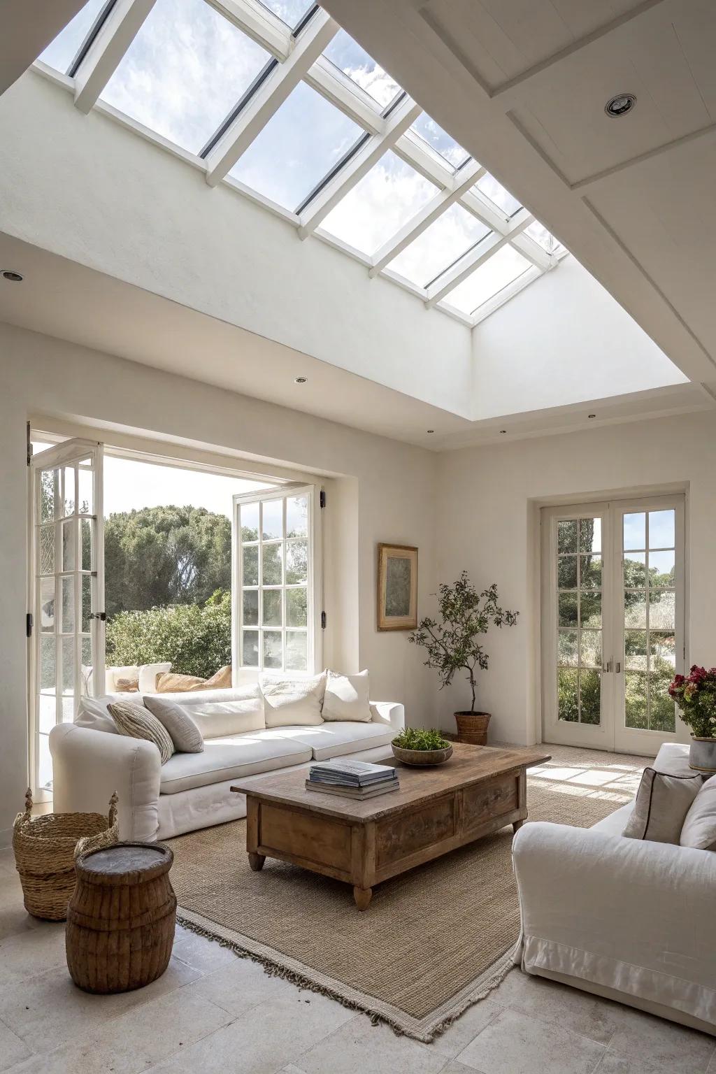 Achieve elegance with a minimalist whitewashed skylight.