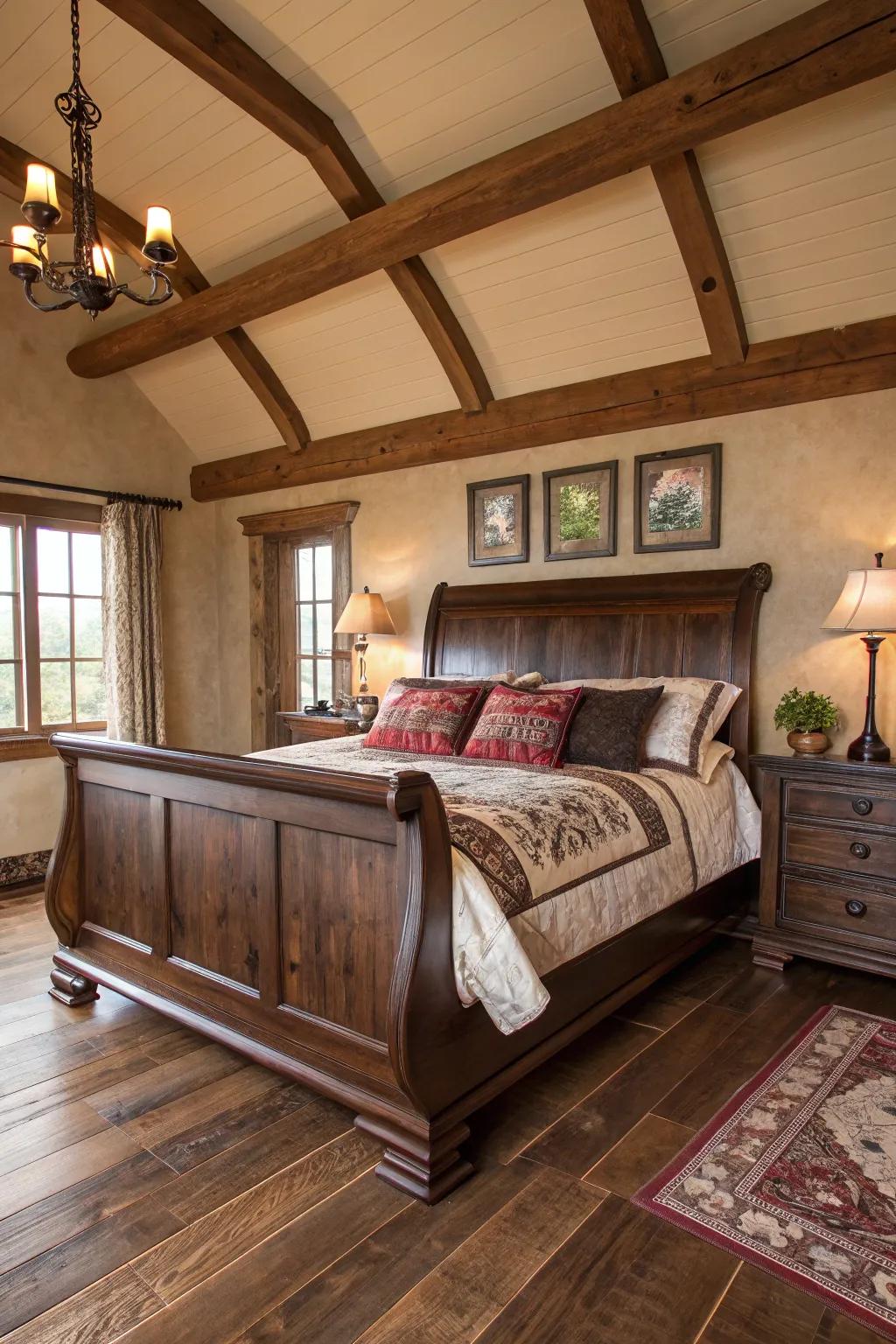 A dark wood stain gives this sleigh bed a warm, rustic appearance.