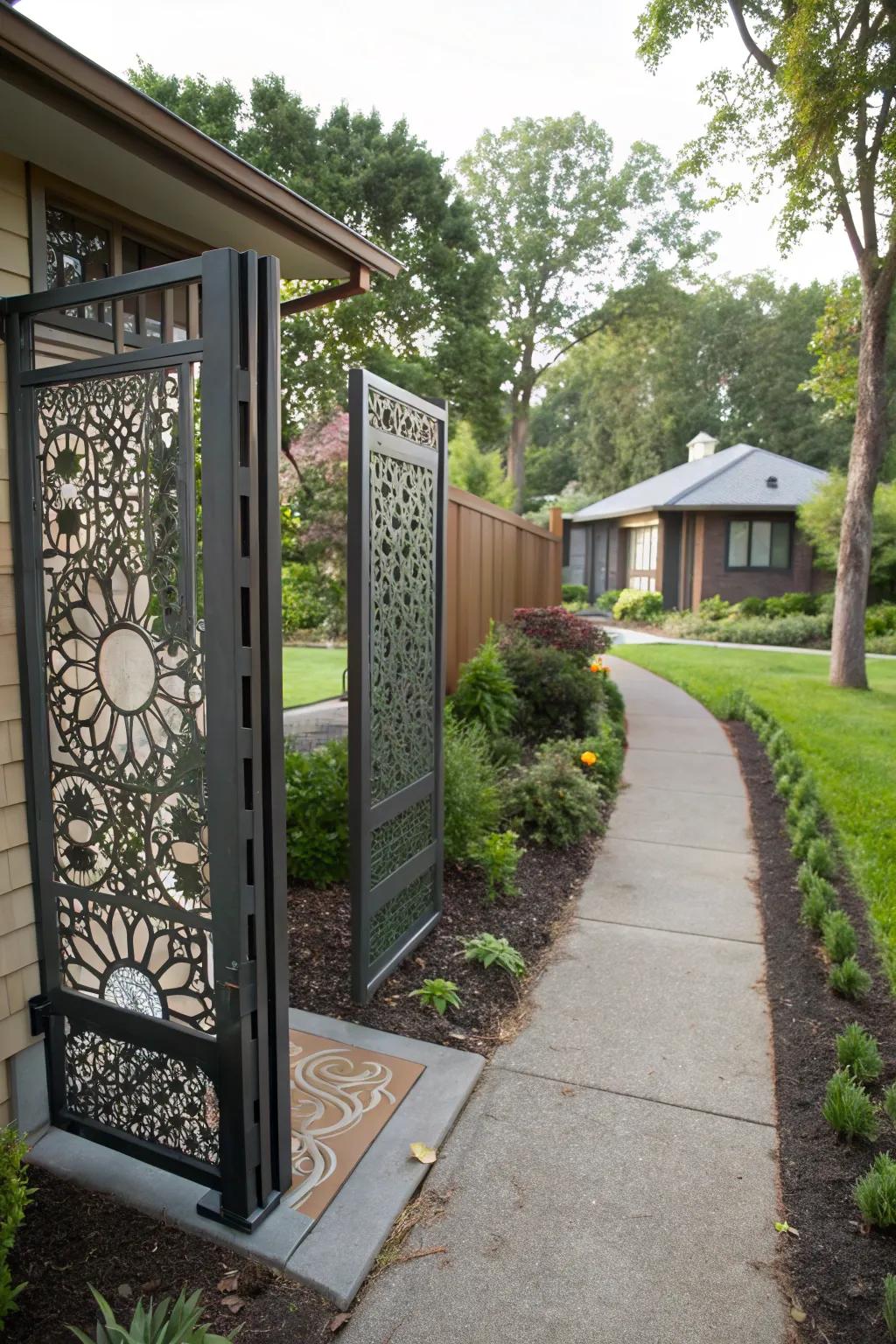 Asymmetric patterns on this sliding gate create an artistic focal point.