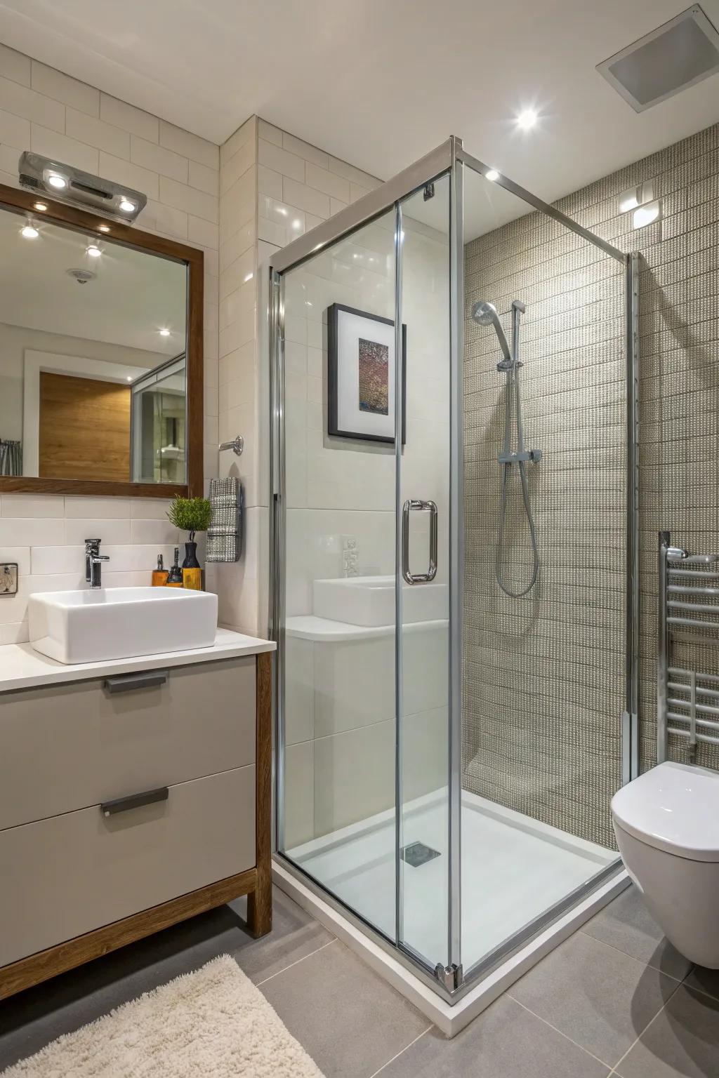 A walk-in shower offers a stylish solution for space-limited bathrooms.