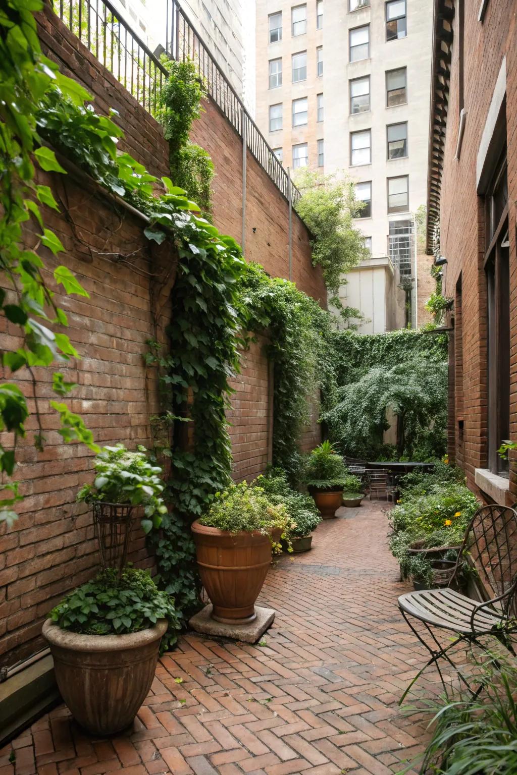 A small urban brick patio with tall planters and climbing vines.