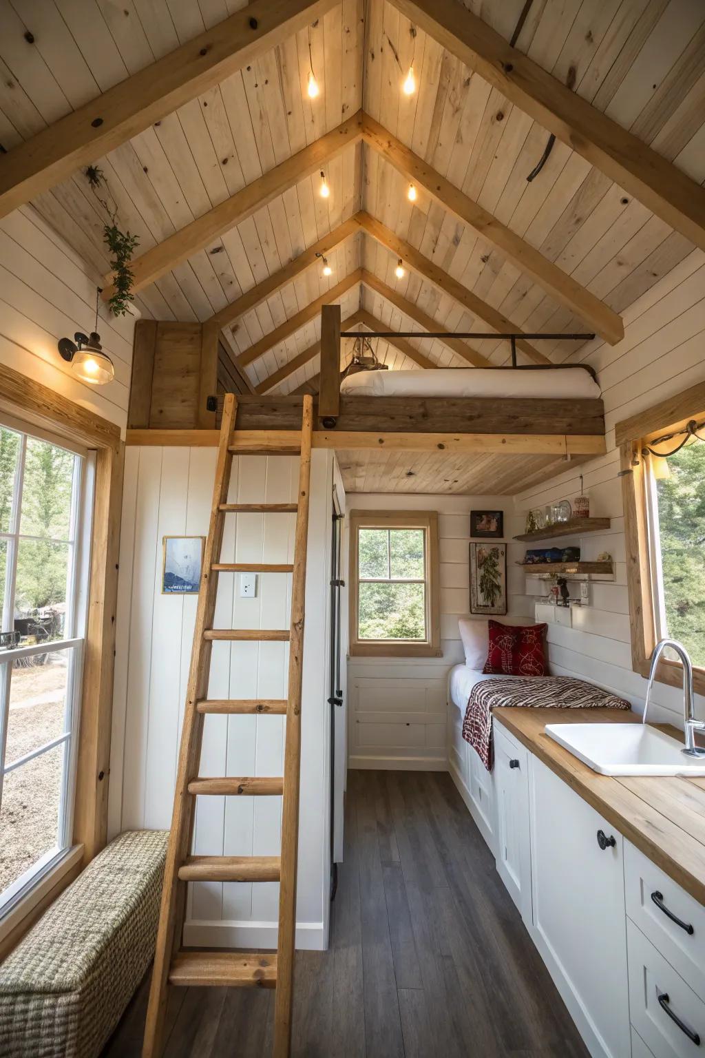 A cozy loft space adds charm and functionality to a small cabin.