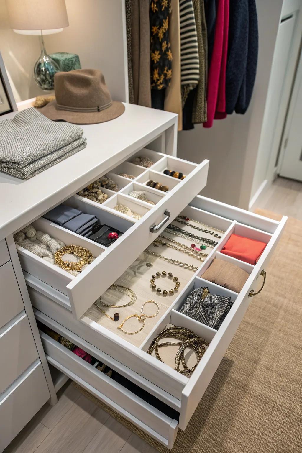 Pull-out drawers offer efficient storage for small items.