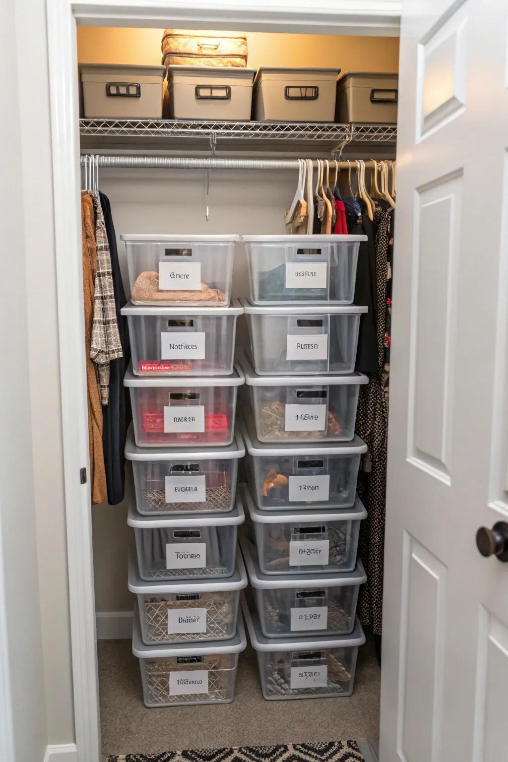 Clear storage bins help keep small items organized and visible.