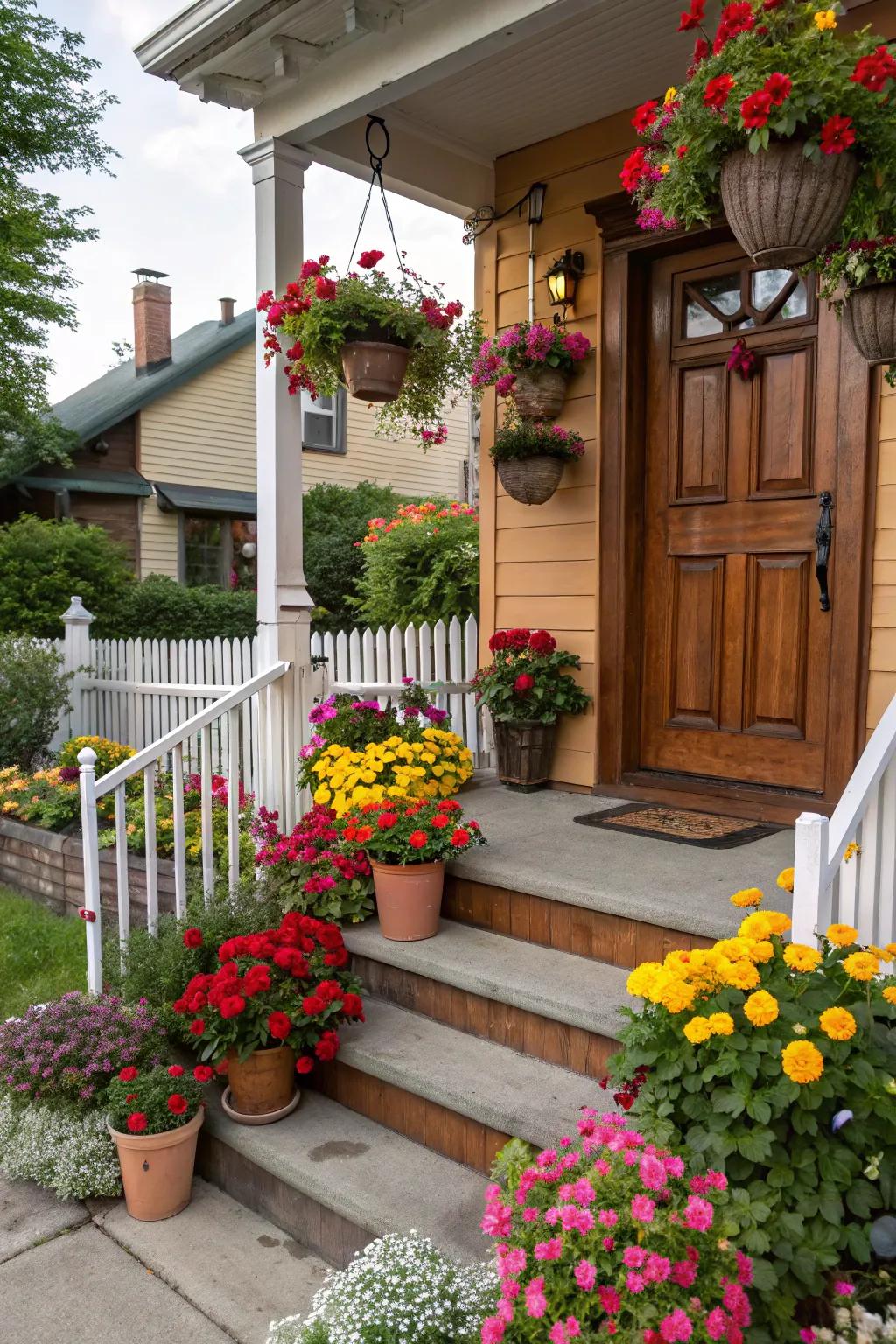 Colorful flowers bring vibrancy to the porch.