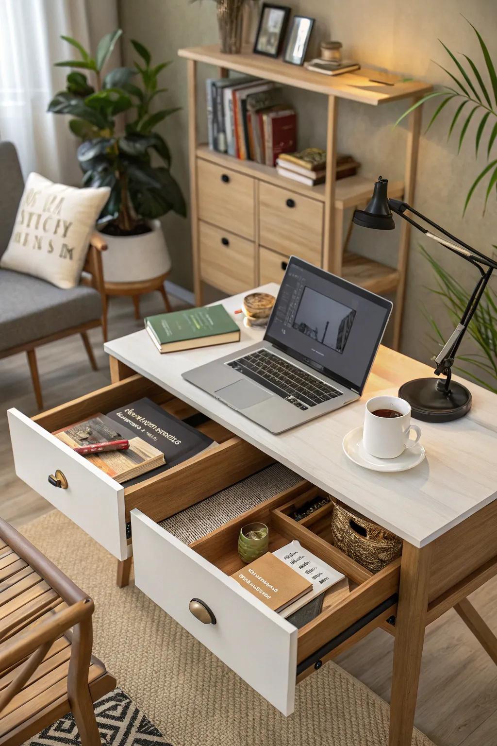 A desk with built-in storage keeps the workspace tidy.