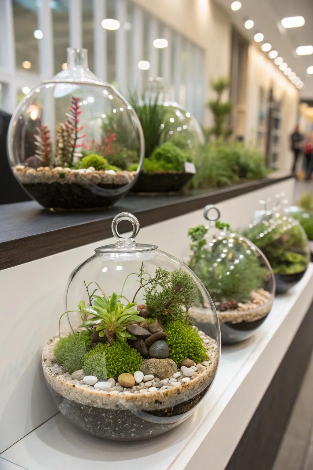 Miniature terrariums offer a touch of whimsy and elegance.