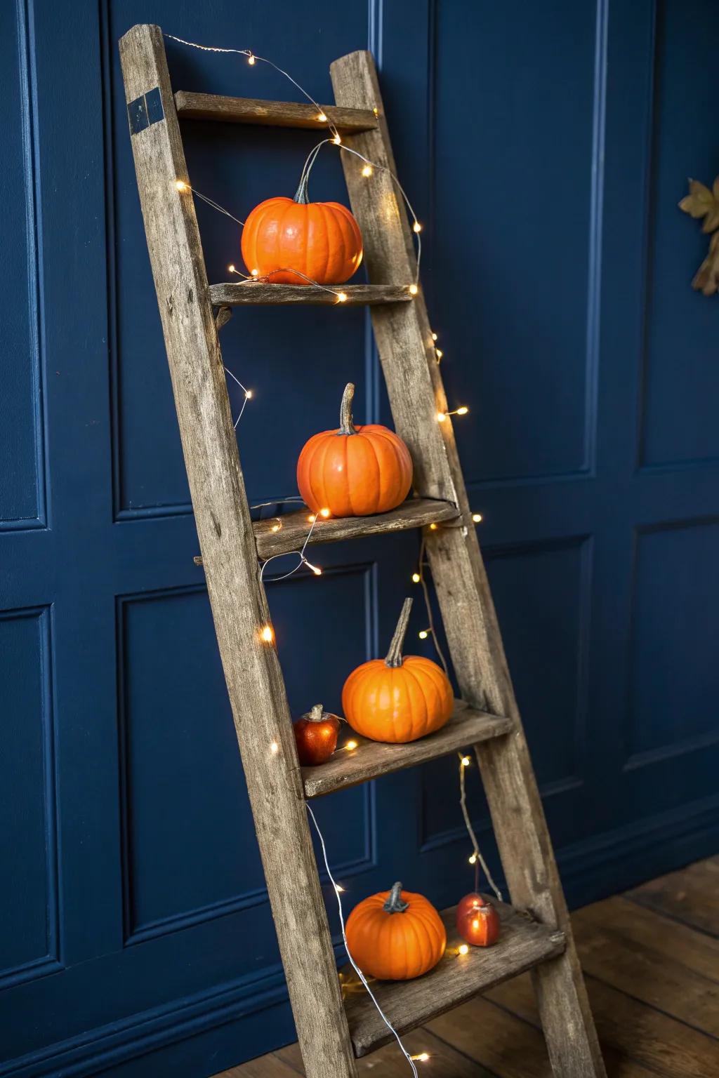 Elevate your autumn decor with a handcrafted ladder adorned in seasonal charm.