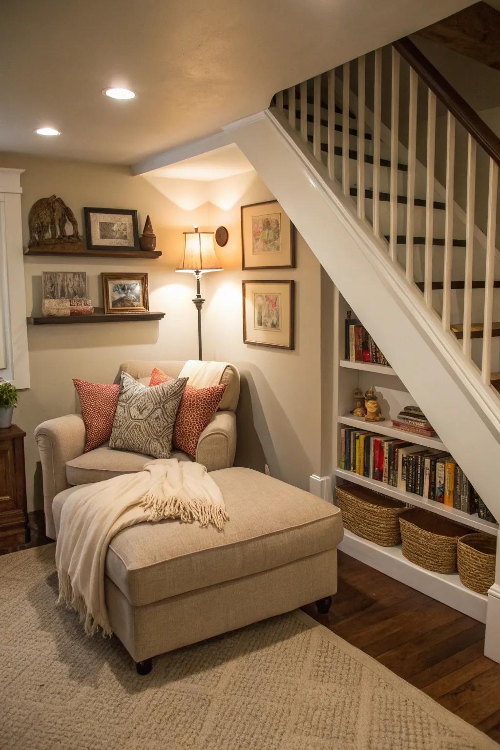 A creative use of space with a chaise lounge tucked under the stairs.