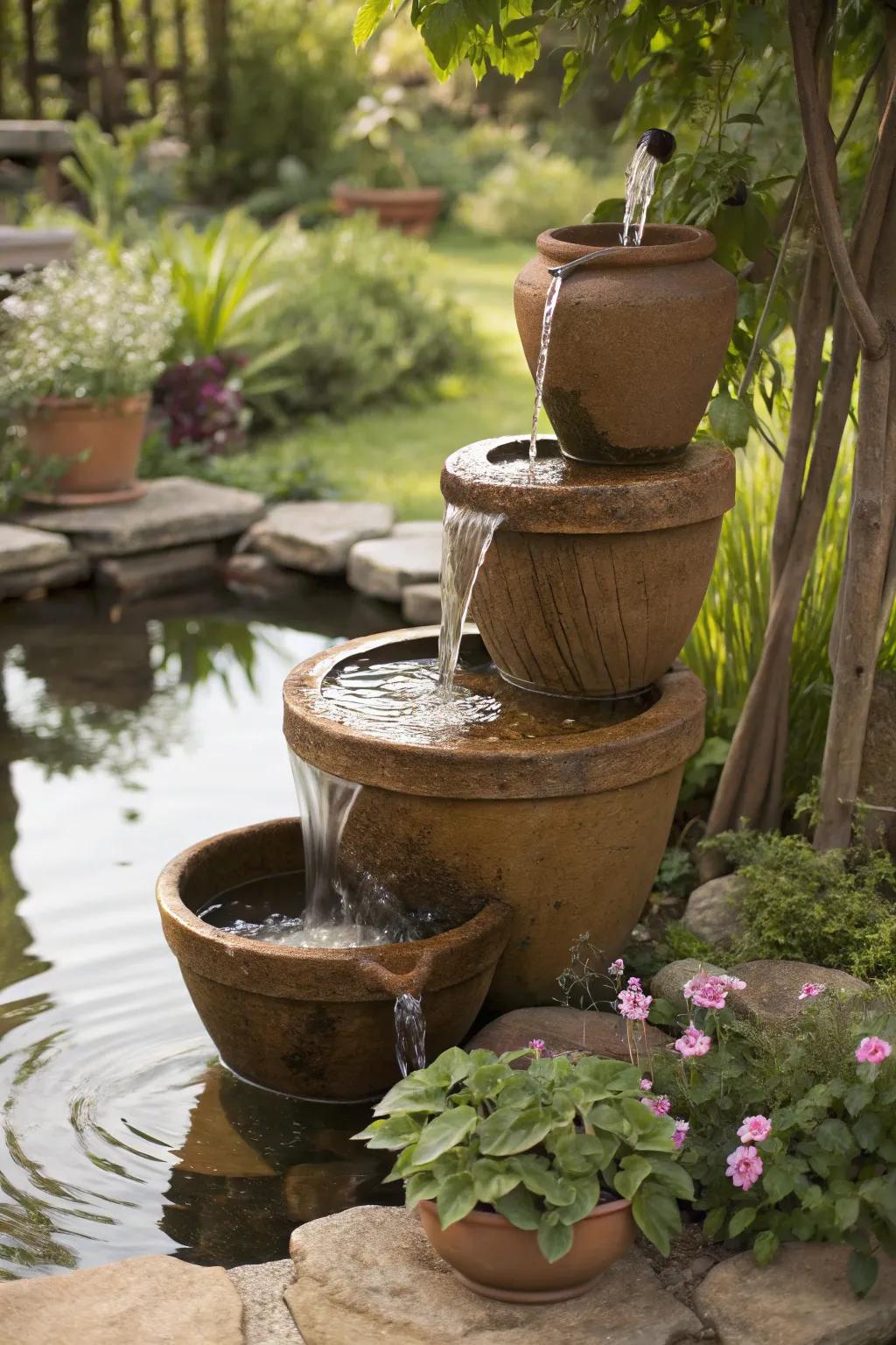 A tiered clay pot fountain adds both visual and auditory interest.