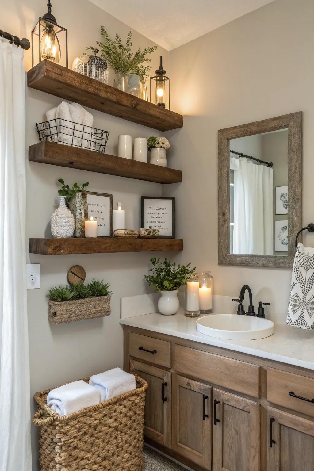 Floating shelves offer stylish storage solutions for small powder rooms.