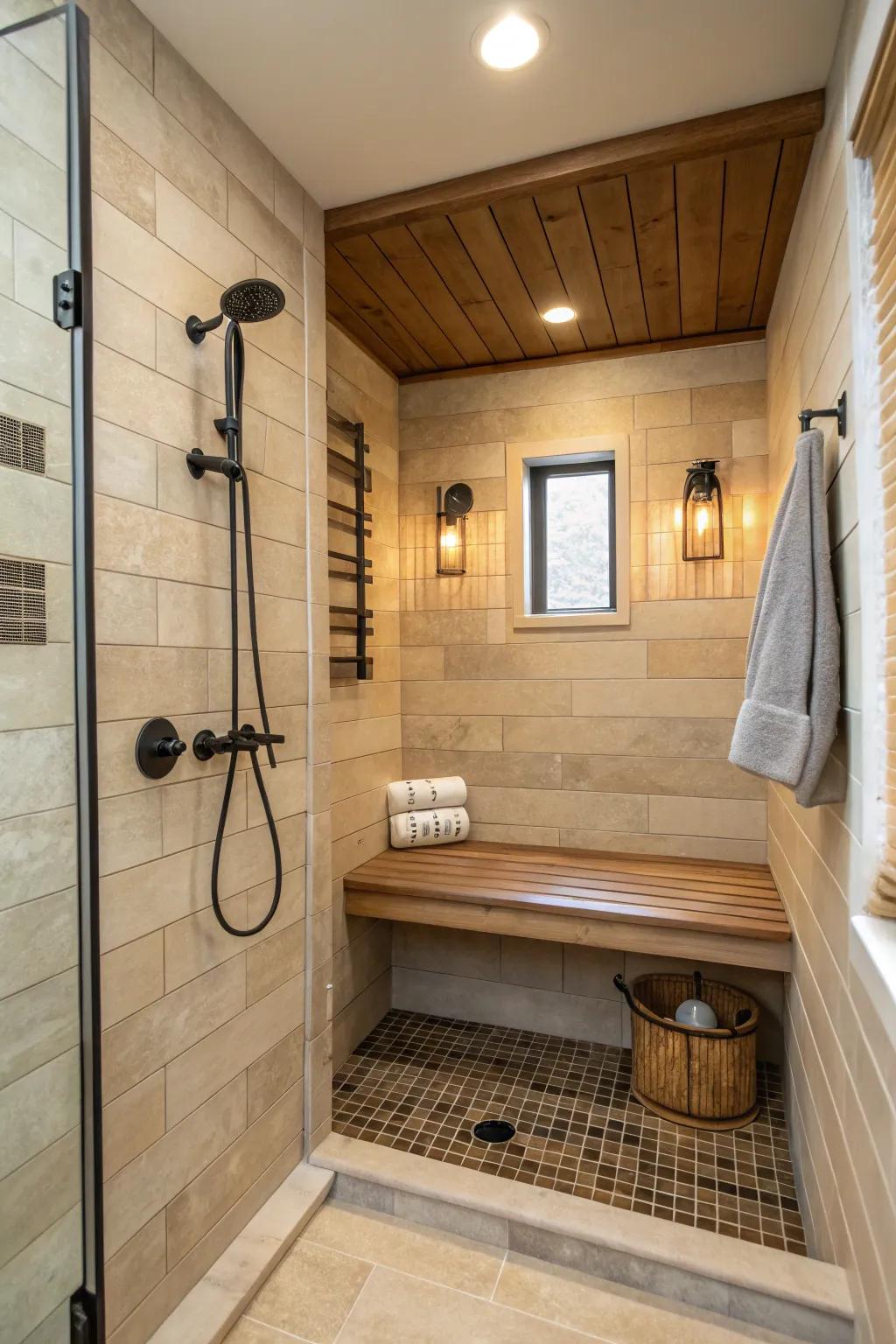 A small shower with a built-in bench for added comfort and functionality.